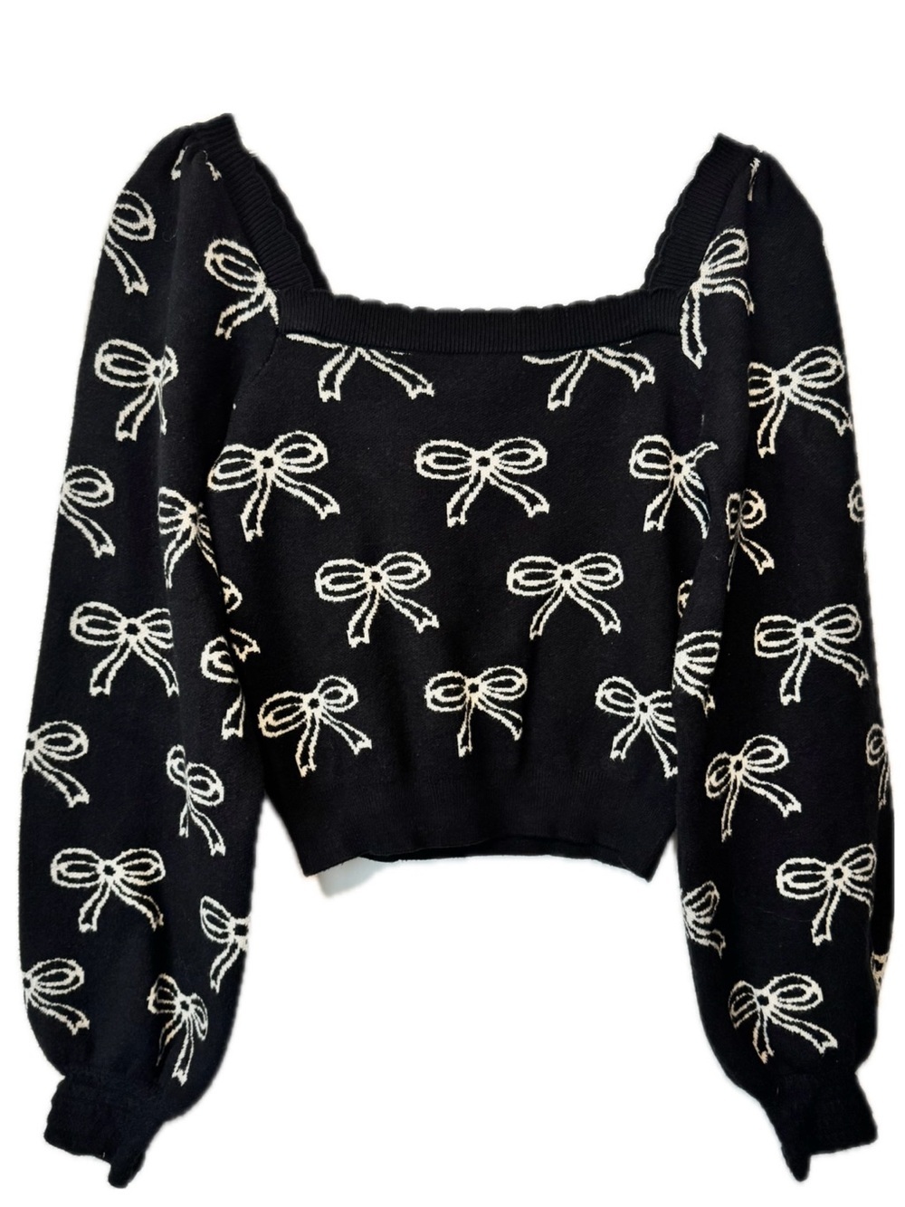 Willow & Wind Bow Print Puff Sleeve Sweater Black Cream Knit Crop Top Medium